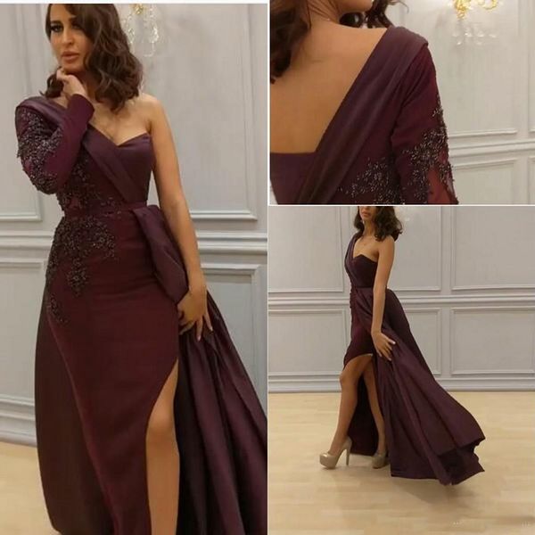 

2019 Arabic One Shoulder Prom Dresses Burgundy Long Sleeves Slit Evening Wear Plus Size Vestidos De Novia