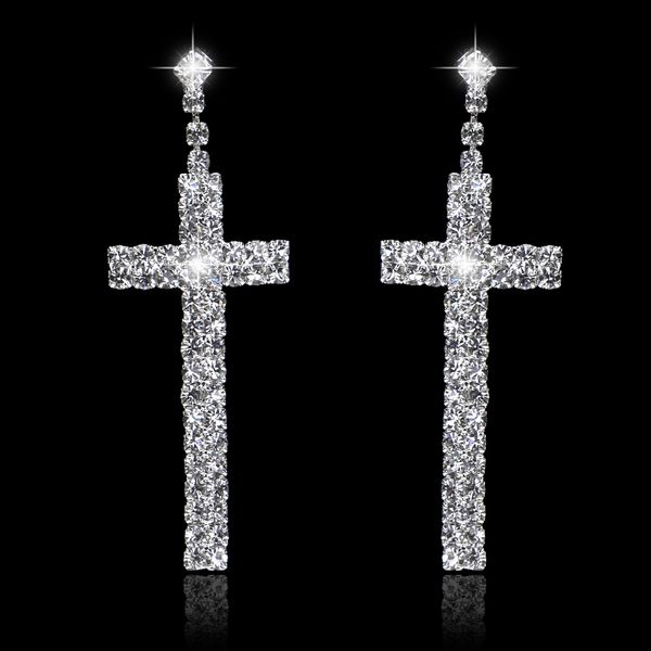 

elegant cross design bridal long earrings sparkling silver plated rhinestone crystal dangle earrings for women wedding jewelry