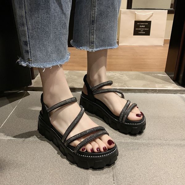 

med flat sandal shoe roman sandals comfort shoes for women 2020 summer clear heels wedge suit female beige all-match, Black