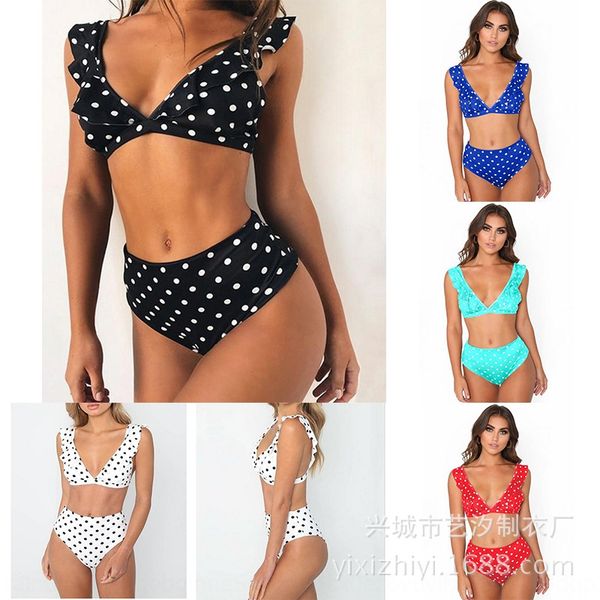 

superfine polyester multicolor floral dots flying edge high swimsuit bikini waist wide shoulder strap swimsuit ladies bikini, White;black