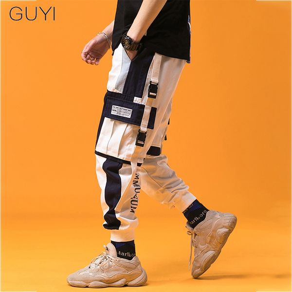 

ankle patchwork white pants cargo men pockets rib guyi tactical off trousers fashion casual hip male hop streetwear pants phaao, Black