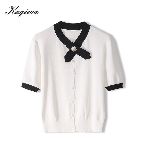 

early spring 2020 cardigan sweater knitwear women's coat bow short v-neck base coat long sleeve top, White