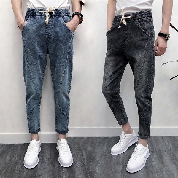 

2019 spring men ripped hole ankle-length jeans mid elastic waist denim harem pants pencil pants with pocket distressed trousers, Blue