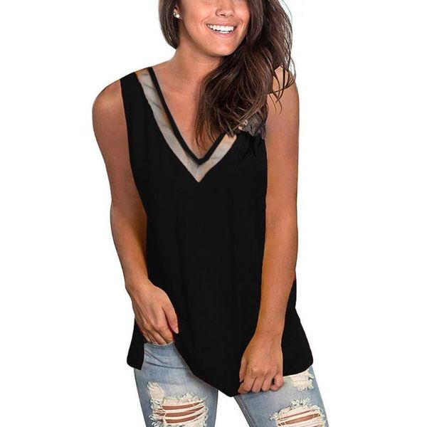 

fashion women mesh patchwork basic v-neck loose summer camisole women casual tank vest sleeveless female blusas, White