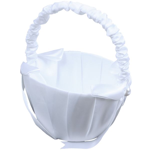 

white satin beaded wedding flower girl basket bowknot decor