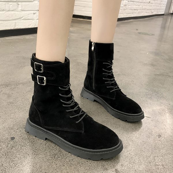 

boots women new 2019 shoes flat heel winter footwear lace up low heels booties booties ladies round toe luxury designer rubber, Black