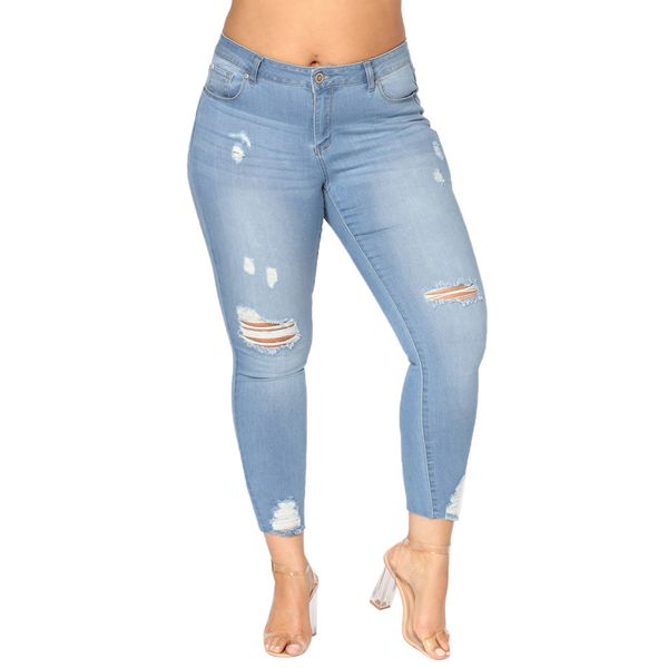 

2019 new arrival wholesale woman denim ripped jeans stretch jeans autumn pants 2xl-7xl super elastic slim pencil jeans#b, Blue