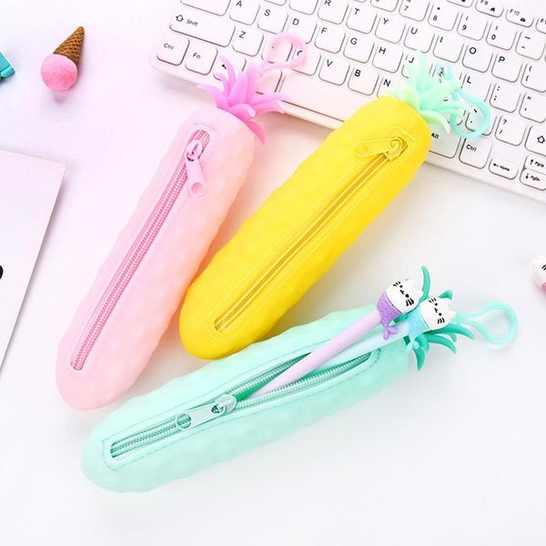 

new simulation silicone pineapple stationery pencil student stationery purse supplies storage case bag office school pencil p3i5