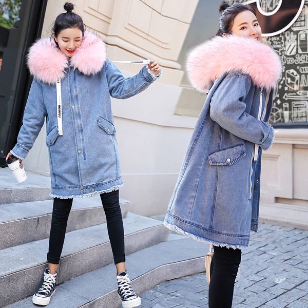 

women denim parka 2019 fur hooded fleece velvet fashion warm thick pocket jeans coat plus size winter female long letter jacket, Black