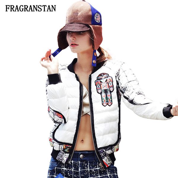 

2018 female winter new warm ultra light down jacket fashion embroidery printed coat casual loose stand collar ladies parkas q450, Black