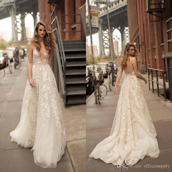 

2020 bridal gowns wedding dresses spaghetti lace deep v neck appliques backless beaded tulle beach wedding dress, White