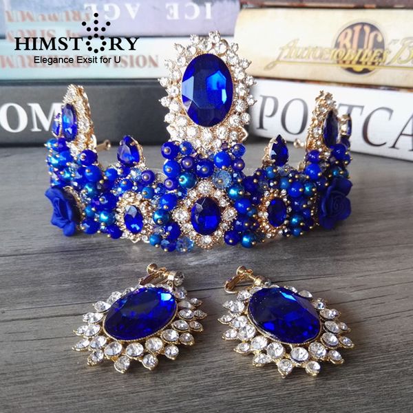 

european handmade big baroque vintage blue crystal rhinestone bridal tiaras crowns woman pearl wedding hair accessories, Golden;white