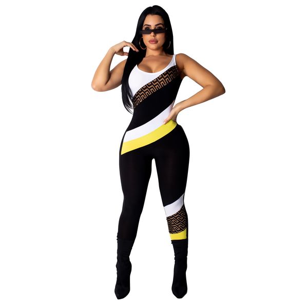 

panelled printed jumpsuits for women summer clothing skinny sleeveless full length apparel, Black;white