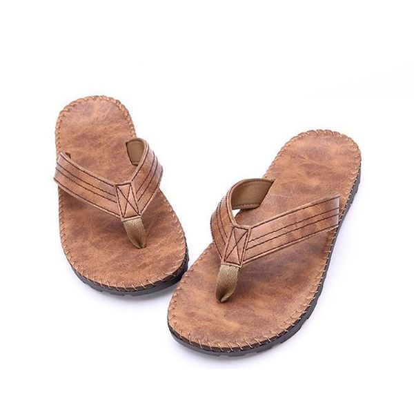 

summer men pu leather wearing flip flops outdoor beach bathing sandals home anti-slip flat slipper shoes, Black
