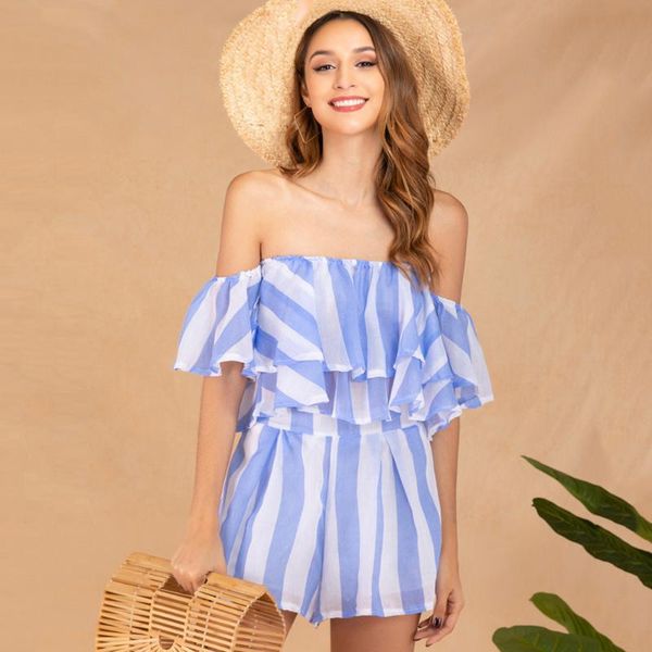 

women striped strapless off shoulder crop shorts sets ladies summer clothes, White