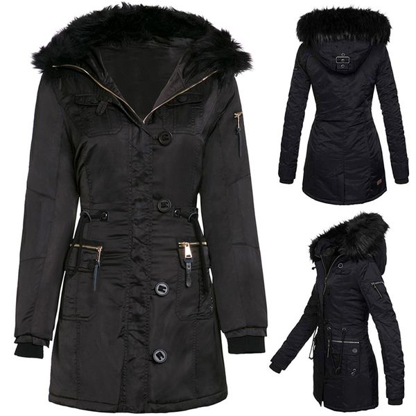 

fashion casual women winter hooded coat ladies buttons zipper wool collar long thick coat outwear female manteau femme #2435, Black
