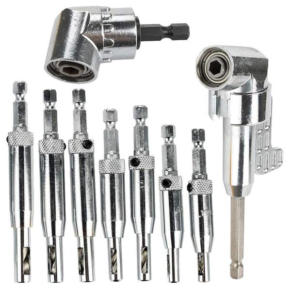

7pcs 1/4 inch hex shank self centering hinge drill bits + 1pc 105 degree right angle drill + 1pc angle extension socket holder a
