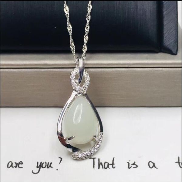 

925 sterling silver white хотан jade резные water drop design лаки подвеска + ожерелье цепи изящных ювелирных изделий шарма подарков