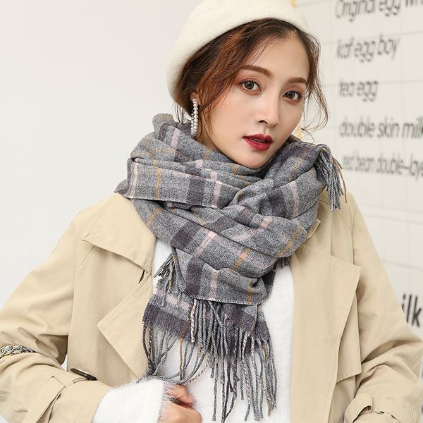 

2019 new autumn and winter cashmere plaid scarves female models fringed shawl factory wholesale thickened students, Blue;gray