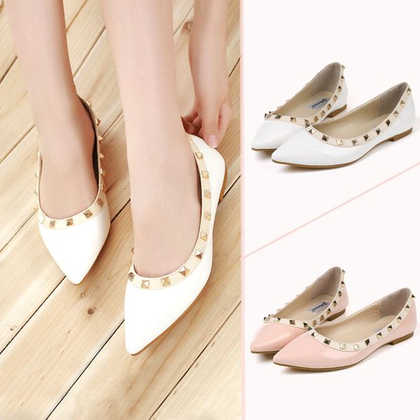 

2018 spring new style patent leather versatile rivet flat shoes women's shoes rivet shallow mouth pointed rivets women, Black