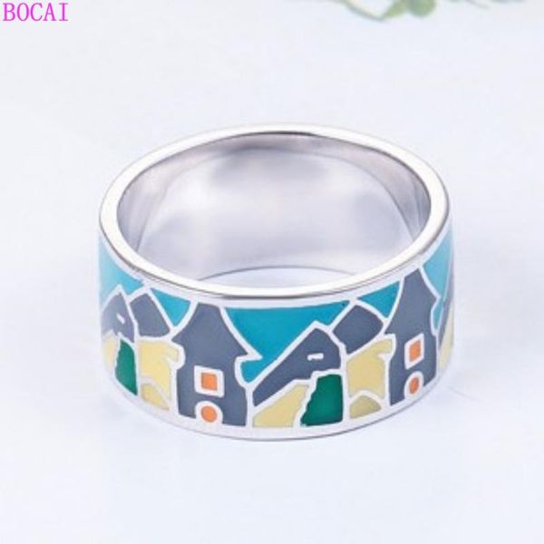 

s925 sterling silver rings retro color glaze enamel drop oil wide ring for women thai silver lady's ring hand ornament, Golden;silver