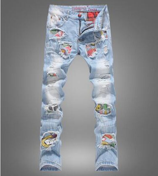 

men's europe and the united states fashion korean version of the new trend retro personality slimming hole straight tube jean trousers, Blue