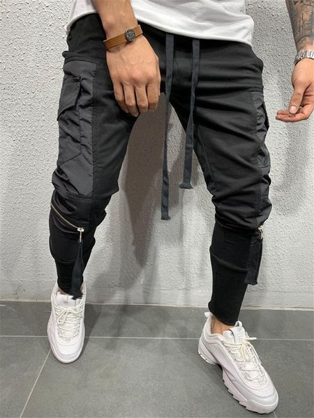 

autumn new mens designer pants fashion casual drawstring panelled zipper harem pants mens casual long trousers, Black