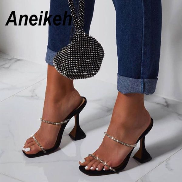 

aneikeh glitter rhinestone clear pvc transparent high heel slippers summer fashion slip on round heel slides women mules pumps, Black
