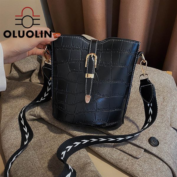 

vintage bucket bag women style one-shoulder crossbody crocodile pattern simple lock all-match wide shoulder bags strap handbag