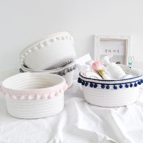

nordic hair ball cotton rope woven storage basket for toys cosmetic organizer sundries deskbag cotton linen laundry basket