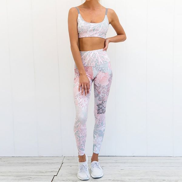 

floral sport suit women print 2 pcs cropped push up running tracksuit 2018 demix yoga set activewear ql, White;red