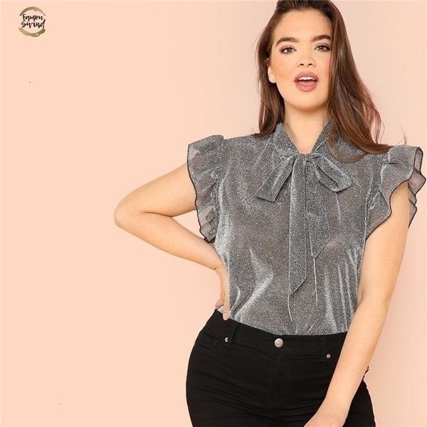 

grey ruffle trim tie neck plus size women thin blouses summer polyester sleeveless elegant office lady solid stand collar blouse, White