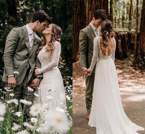 

2020 long sleeves bohemian wedding dress eleagnt open back counrty beach bohio plus size bridal gown, White