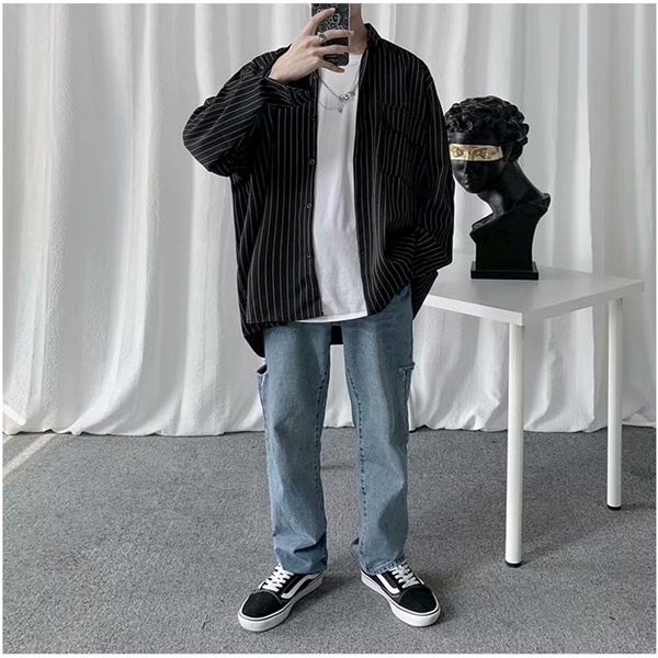 

men's casual shirts long-sleeved striped shirt spring and autumn large pocket loose wild jacket, White;black