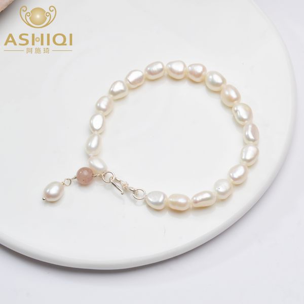 

ashiqi baroque freshwater pearl natural strawberry crystal charm bracelets 925 sterling silver jewelry for women gift, Golden;silver