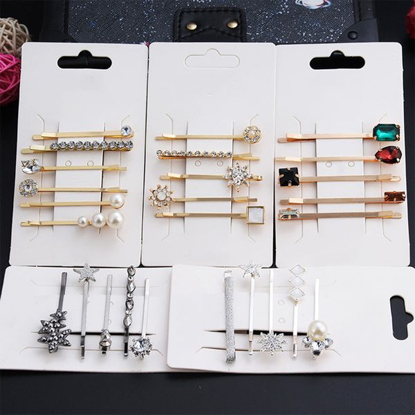 

korea fashion women crystal rhinestones hairpins imitation pearl beads hair clips irregular geometric hair styling accessories, Golden;white