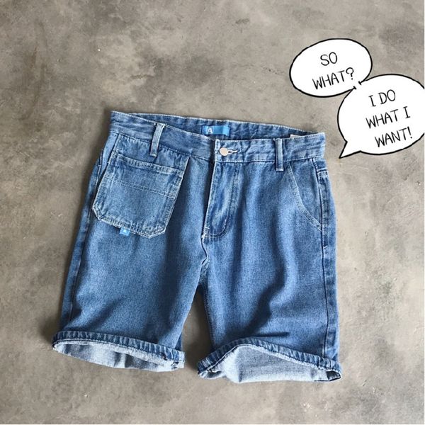 

summer new short jeans men fashion wash solid color straight through casual denim shorts man streetwear hip hop loose shorts, Blue