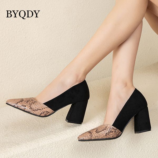 

byqdy block heels women office shoes pumps high heels 2020 spring pointed toe suede slip on snake print female shoes summer, Black