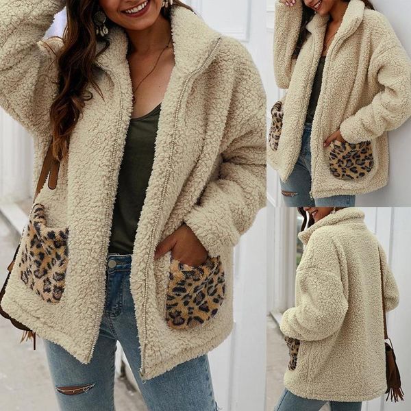 

women autumn solid color lapel collar leopard print pockets zip fleece coat fashionable leopard print pockets easy to catch gift, Black