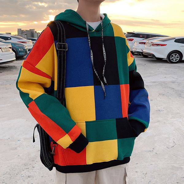 

plus plaid hoodies men's fashion hit color casual hooded sweatshirt men streetwear wild loose hip hop hoodie mens hoody s-2xl, Black
