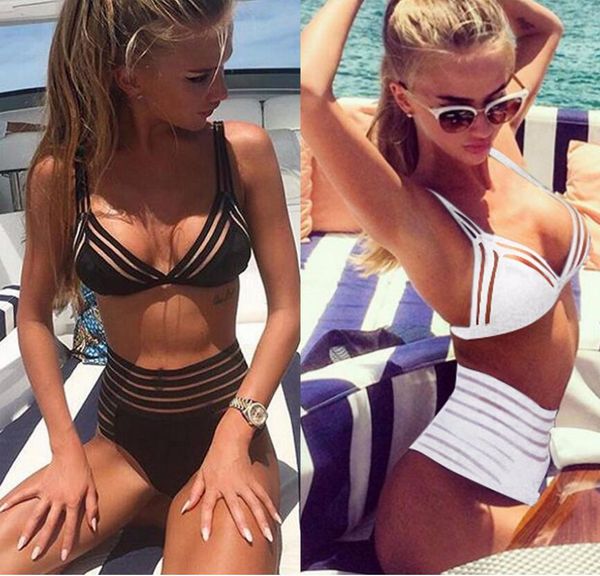 

women hollow out bikini sets high waist summer swimwear beach wear women bandage push up swimsuit female summer beach wear, White;black