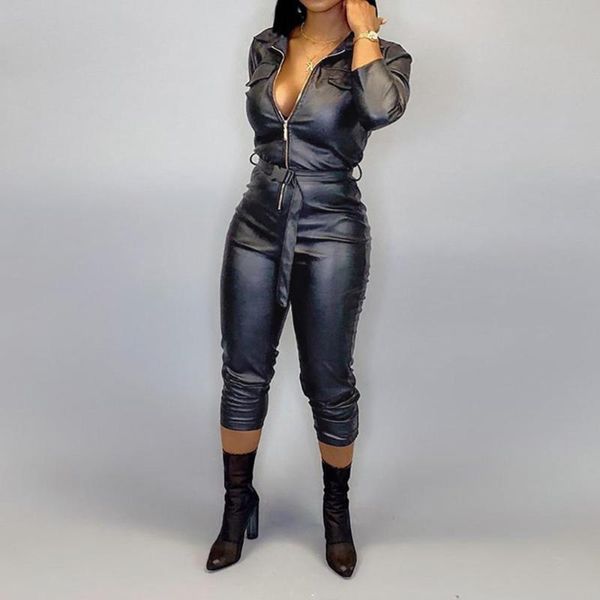 

women pu leather jumpsuit autumn long sleeve zip belted party bodycon rompers plus size black playsuits 2xl club wear m0311, Black;white