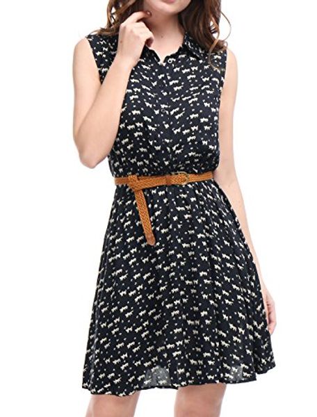 

allegra k women's half placket above knee printed belted sleeveless dress, Black;gray