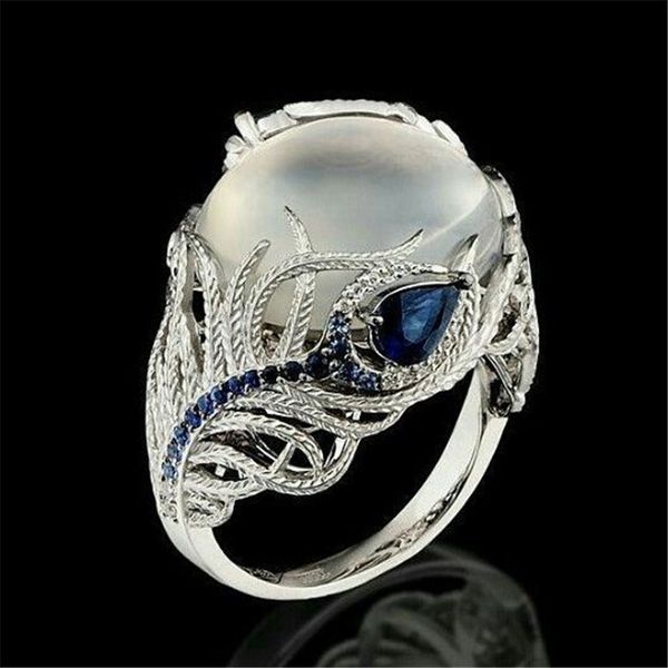 

big opal ring custom creative silver color rings for women vintage blue opal flower moonstone anel zirconia stone jewelry z5n946, Slivery;golden