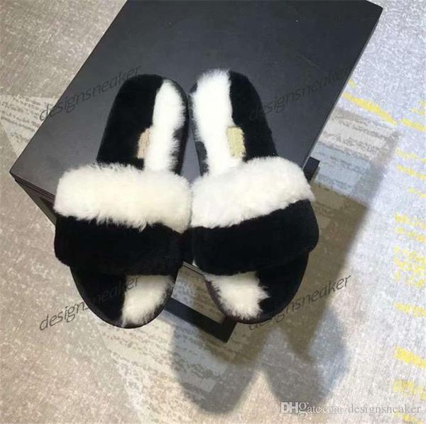 

2019 winter fur slippers women girls sandals fashion scuffs australia branded fur flip flop luxury loafer casual shoes slippers, Black