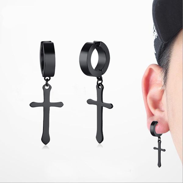 

1 pair men's cross hoop earrings in black stainless steel crucifix drop huggie hinged earings male jewelry, Golden;silver