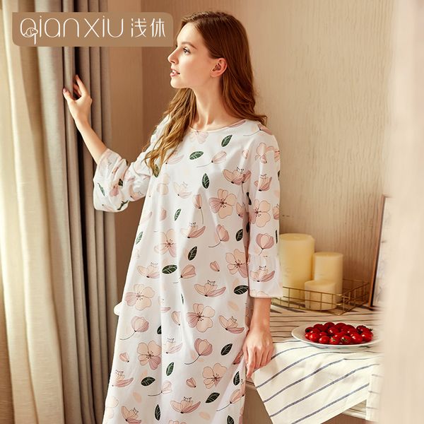 

qianxiu 2020 новый стиль для женщин твердые 95% хлопок комфортная nightgown для девочек nightdress весна 18148, Black;red