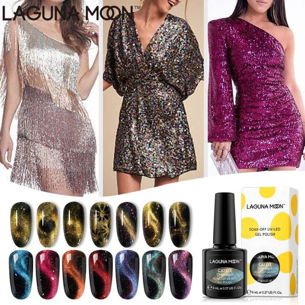 

lagunamoon 8ml dancing aurora magnetic cat eye gel nail polish uv led long lasting soak off varnish lacquer manicure, Red;pink