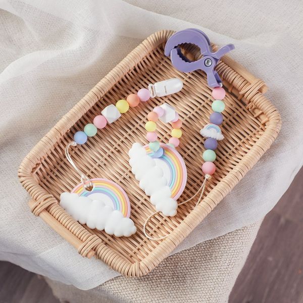 

1pc rinbow baby pacifier chain clouds beads feeding bpa teething nipple holder dummy clip chain for child baby accessories