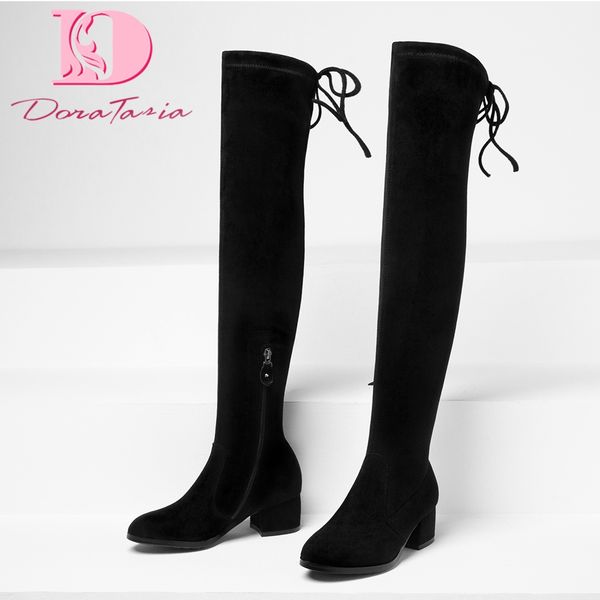 

doratasia large size 32-43 stretch fabric women shoes woman chunky heels boots autumn winter fashion shoes, Black